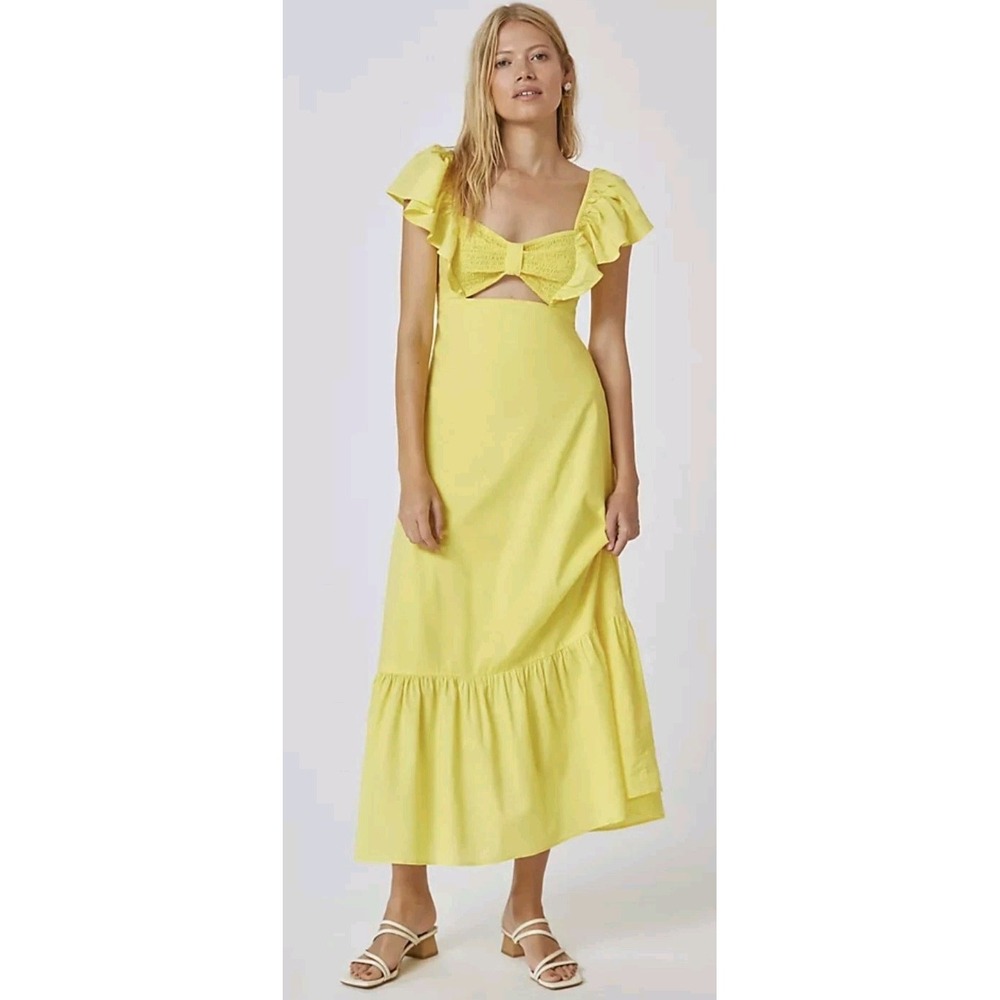 Farm x Anthropologie Ruffle Midi Dress Sweetheart Women XS Boho Cottage Yellow